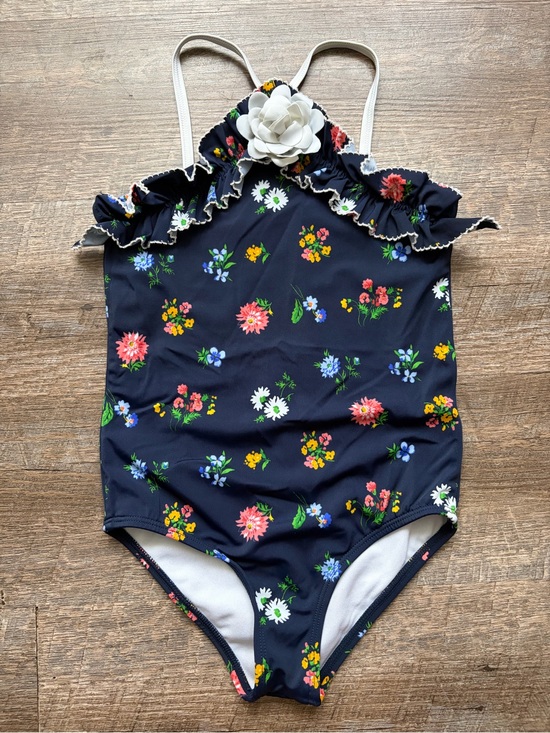 Janie and Jack Other - 🌸$10 SALE 🌸 Girls Navy Floral Ruffle One-Piece Swimsuit with White Flower